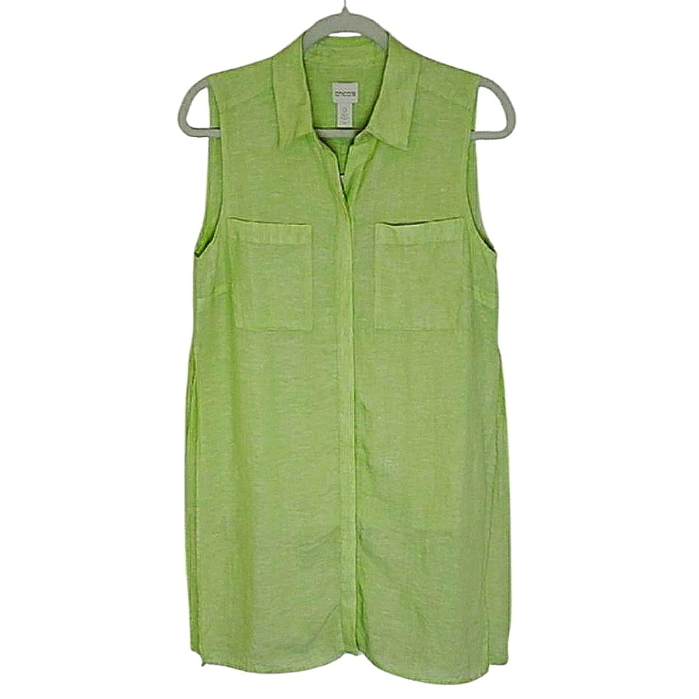 NWT Chico's Lime Green Sleeveless Tunic Top Button Up Linen Organic Lagenlook